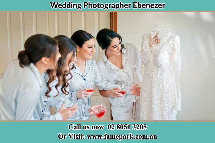 Photo of the Bride and the bridesmaids checking the wedding gown Ebenezer NSW 2756